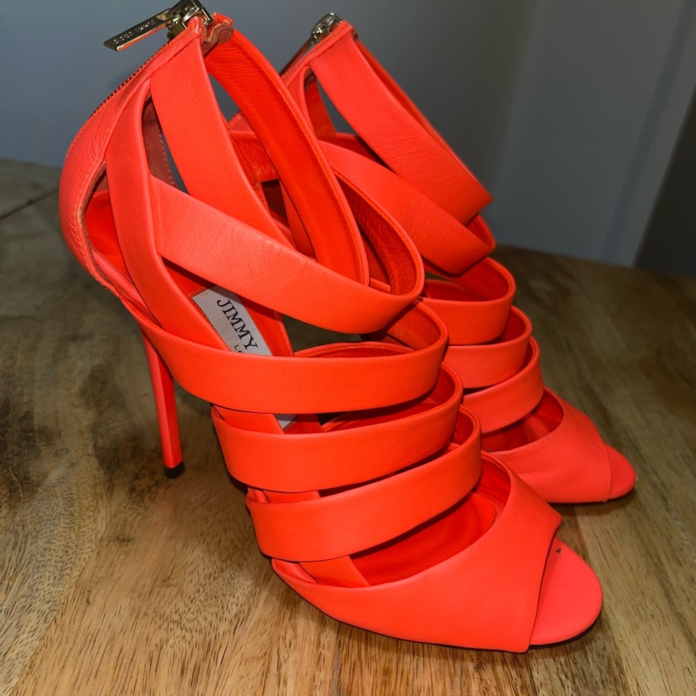 Jimmy Choo Dame Caged Sandals Leather Neon Orange High Heel Stilletos